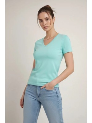Hobilinka T-Shirt V Yaka Slim Fit Likralı Tişört Günlük Basic Body - Turkuvaz