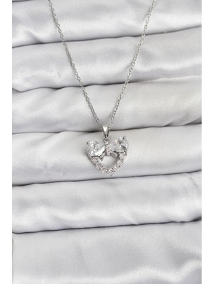 Pileli Store 316L Çelik Zincir Gümüş Renk Kalp ve Fiyonk Model Zirkon Taşlı Kadın Kolye - TJ-BKO10849