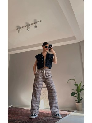 Pileli Store Ekose Desenli Bağcıklı Eşofman Altı