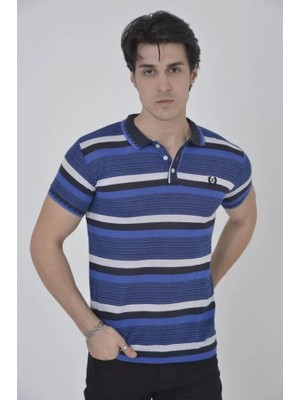 Hobilinka Erkek Yakalı Slim Fit Dokuma Çizgili T-Shirt - Mavi