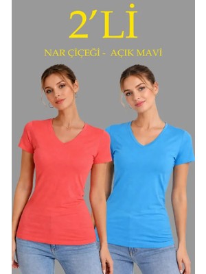 Hobilinka 2li V Yaka Tişört – Kısa Kollu Yazlık Slim Fit Body - Nar Çiçeği - Açık Mavi