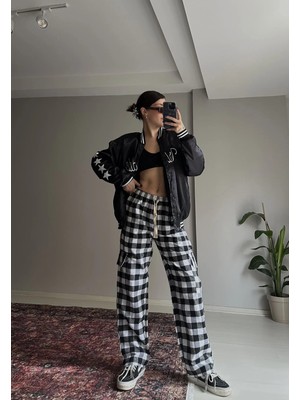 Pileli Store Kargo Cepli Ekose Desenli Bağcıklı Eşofman Altı