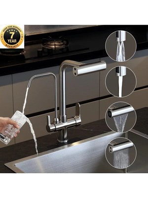 OEM Mutfak Eviye Bataryası Dual Flow Arıtma Çıkışlı Duş Şelale 4 Fonksiyonlu Yeni  Mat Krom Ithal 7 Yıl Garanti