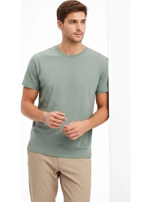 Hobilinka Erkek Bisiklet Yaka Tişört Regular Kalıp Basic Pamuklu Günlük Kullanım T-Shirt - Mint Yeşili