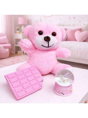 Pileli Store Pembe Peluş Ayıcık Kar Küresi ve Pembe Çikolata Not Defteri