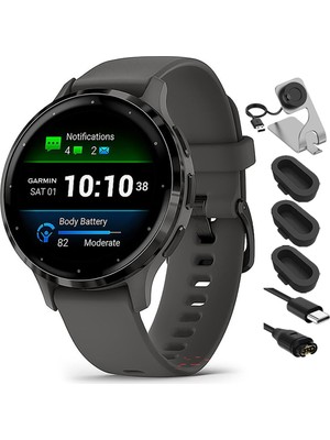 Garmin 010-02785-00 Venu 3s Health Fitness Gps Akıllı Saat Steel Bezel With Pebble Gray Case 41MM Sche With Şarj Dock, Silikon Cover 3 Pack And USB Type C Şarj ve Sen Cable
