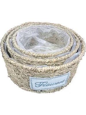 Pileli Store Yuvarlak Doğal Hasır Saksı Seti - 3'lü