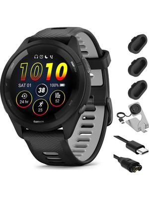 Garmin Forerunner 265 Gps Akıllı Saat- 46MM, Black/powder Gray Sche With Deco Essentials Şarj Dock Venu 3 + Silikon Kapak + USB Type C Şarj ve Sen Cable