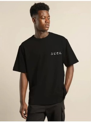 Hobilinka Unisex Bisiklet Yaka Baskılı Oversize T-Shirt - Siyah