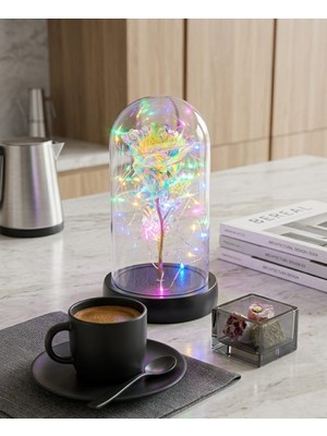 Bakburaya Yapay Çiçekçilik Özel Günler Için Solmayan Sonsuzluk Gülü Sarı Renk ile Siyah Fanus Kahve Yanı Hediyelik