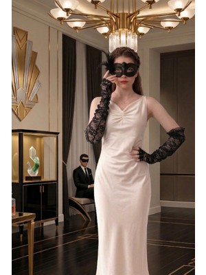 Gatsby Siyah Maske ve Dantel Işlemeli  Fascination Uzun Parmaksız Eldiven Ikili Set