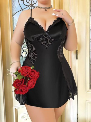 Beruflic Büyük Beden Siyah Dantel Işlemeli Ince Askılı Saten Gecelik