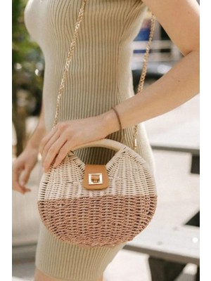 Fashion Cocktail Katı Sert Hasır Kilitli Omuz Askılı Yazlık Doğal Kadın Çanta