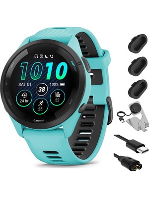 Garmin Forerunner 265 Gps Akıllı Saat, Aqua/black Sche With Deco Essentials Şarj Dock Venu 3 + Silikon Toz Kapak + USB Type C Şarj ve Sen Cable