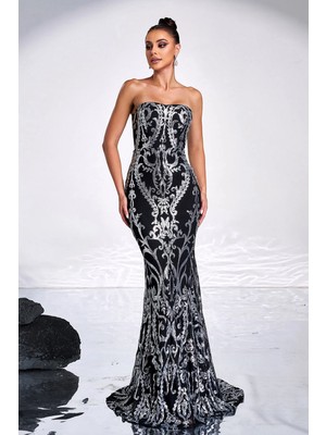 Uzun Kuyruklu Payet Pul Işleme Straples Balık Model Esnek Abiye Nişan Davet Elbise