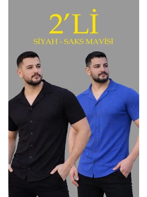 Pileli Store Erkek Waffle Dokuma Açık Yakalı Düğmeli Regular Kalıp 2’li Gömlek Seti - Siyah - Saks Mavis