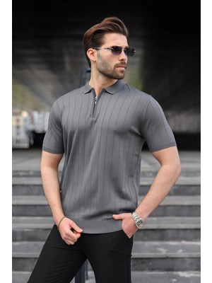 Madmext Antrasit Yarım Fermuarlı Polo Yaka Triko Erkek Tişört E7298