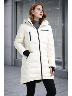 Barbora Kadın Kışlık Uzun Beyaz Şişme Mont Su İtici Özellikli Günlük Kullanım İçin