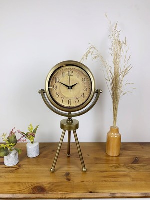 Pileli Store Eskitme Metal Mini Tripod Dekoratif Masa Saati 45×26 cm
