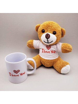 Pileli Store Kahverengi I Love You Tişörtlü Ayıcık ve Baskılı Kupa Seti