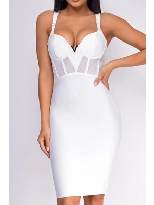 Fashion Cocktail Korse Kumaşlı Transparan Detaylı Kalın Askılı Bandaj Gece Abiye Kokteyl Davet Elbise