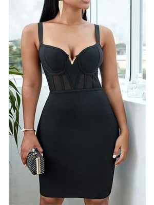 Fashion Cocktail Korse Kumaşlı Transparan Detaylı Kalın Askılı Bandaj Gece Abiye Kokteyl Davet Elbise