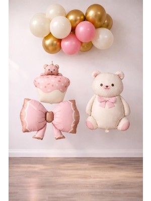 Patladı Gitti Baby Shower Retro Ayıcık Temalı Kız Bebek Kutlama Seti Pembe Renkli 1 Adet Ayıcık Folyo Balon