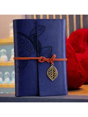 Pileli Store Lacivert Deri Yaprak Desenli Defter
