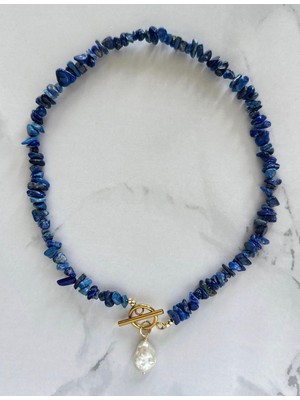 Taşmir Lapis Lazuli Şekilsiz Kolye Gerçek Inci Kolye Uçlu - Altın Kaplama T Kilit