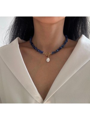 Taşmir Lapis Lazuli Şekilsiz Kolye Gerçek Inci Kolye Uçlu - Altın Kaplama T Kilit