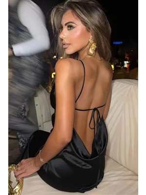 Fashion Cocktail Degaje Yaka Parlak Yumuşak Saten Sırt Bele Kadar Açık Abiye Gece Elbise Siyah