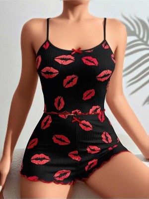 Pileli Store Kadın Siyah Dudak Desenli Şortlu Pijama Takımı 5057