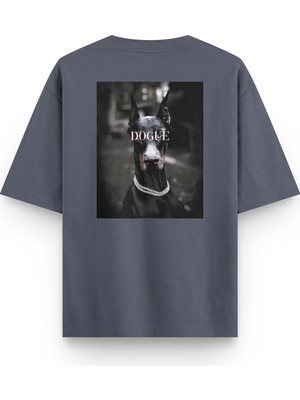 Overoz Doberman Dogue Köpek Sırt Baskılı Yarı Oversize Unisex Siyah T-Shirt 1235