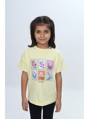 Toontoy Kız Çocuk Baskılı Bisiklet Yaka Düşük Omuz Kısa Kollu Tişört 24982