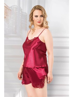 Beruflic Büyük Beden Bordo Saten Babydoll Şort Takımı
