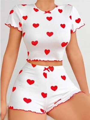 Beruflic Kadın Beyaz Kırmızı Kalp Desenli Şortlu Gecelik Takım 5023