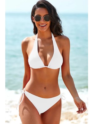Beruflic Kadın Beyaz Belden, Boyundan Bağlamalı ve Ayarlanabilir Külotlu Üçgen Bikini Mayo Takımı