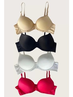 Beruflic Siyah-Beyaz-Kırmızı-Ten 4'lü Dolgulu Push Up Micro Balenli Günlük Tek Destekli Sütyen