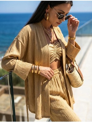 Fashion Cocktail Soft Yumuşak Saten Kumaşlı Büzgü Bağlama Lastikli Kroplu Ceketli Pantolonlu 3 Lü Takım