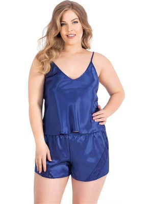 Beruflic Büyük Beden Saks Saten Babydoll Şort Takımı