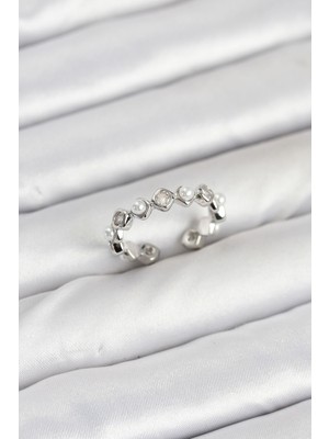 Pileli Store Pirinç Gümüş Renk Zirkon Taşlı Incili Kadın Yüzük - TJ-BYK3877
