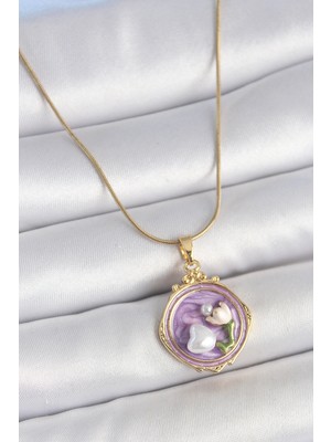 Pileli Store 316L Çelik Gold Renk Zincir Mor Mineli Incili Çiçek Işlemeli Portre Model Kadın Kolye - Tj-Bk