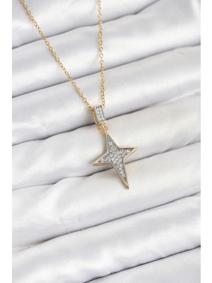 Pileli Store 316L Çelik Zincir Gold Renk Kutup Yıldızı Model Zirkon Taşlı Kadın Kolye - TJ-BKO10610