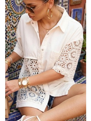 Dantel Geometrik Işleme Transparan Detaylı Yakalı Çıtçıtlı Mevsimlik Ofis Casual Tarz Gömlek