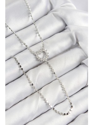 Pileli Store Pirinç Zirkon Taşlı Ezme Zincirli Kalp Model Gümüş Renk Y Kolye - TJ-BKO10460