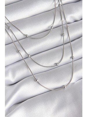 Pileli Store 316L Çelik Gümüş Renk 3'lü Topçuk Detay Kadın Kolye - TJ-BKO8313