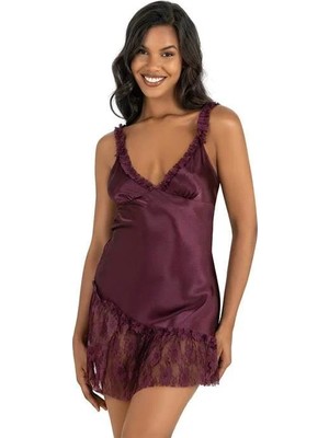 Pileli Store  Mürdüm Kısa Saten Gecelik 8238