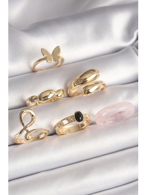 Pileli Store Pirinç Gold Renk Figür Sarmal Model 6'lı Kadın Yüzük Seti - TJ-BYK3608