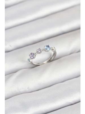 Pileli Store Pirinç Gümüş Renk Renkli Zirkon Taşlı Kadın Yüzük - TJ-BYK3867