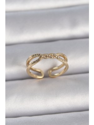 Pileli Store Pirinç Gold Renk Ayarlanabilir Zirkon Taşlı Sarmal Model Kadın Yüzük - TJ-BYK3400
